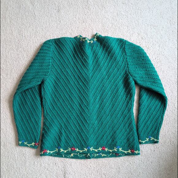 Vintage Deans of Scotland Wool Sweater Medium Green Floral Cardigan Cottagecore - Picture 2 of 6